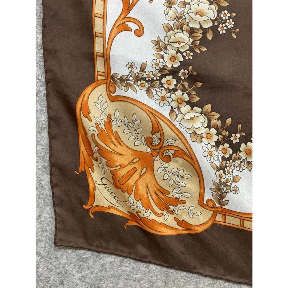 Vintage Gucci Silk Scarf Brown Orange White Floral Logo Hand Rolled Italy 33x33